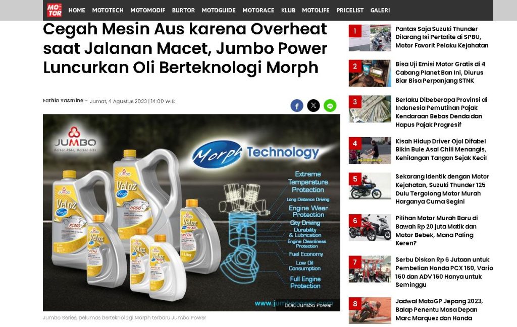 Cegah Mesin Aus karena Overheat saat Jalanan Macet, Jumbo Power Luncurkan Oli Berteknologi Morph