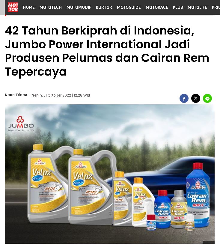 42 Tahun Berkiprah di Indonesia, Jumbo Power International Jadi Produsen Pelumas dan Cairan Rem Tepercaya